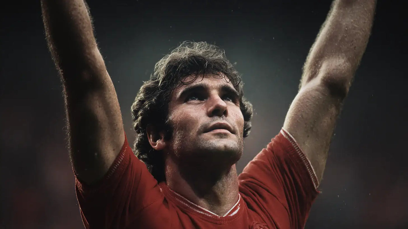 Gerd Müller celebrating in Bayern Munich football shirt with arms raised, upward gaze, rain and sweat visible, dramatic stadium lights behind.