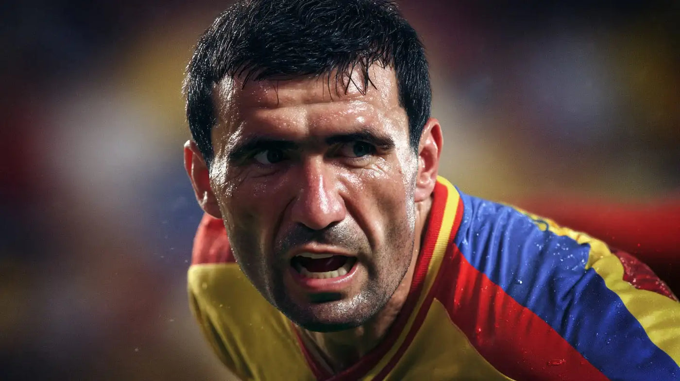 Gheorghe Hagi in close-up match action wearing a Romania 1994 yellow football shirt with red and blue shoulder panels, intense expression under stadium lights.