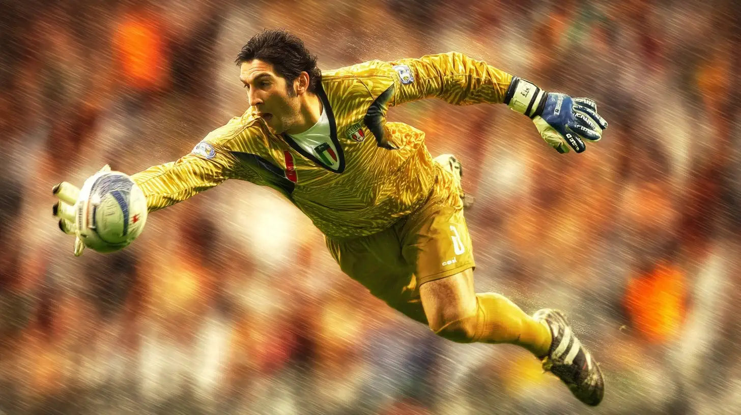 Gianluigi Buffon diving in a yellow Italy goalkeeper kit, stretching for the ball with motion blur and crowd in the background.