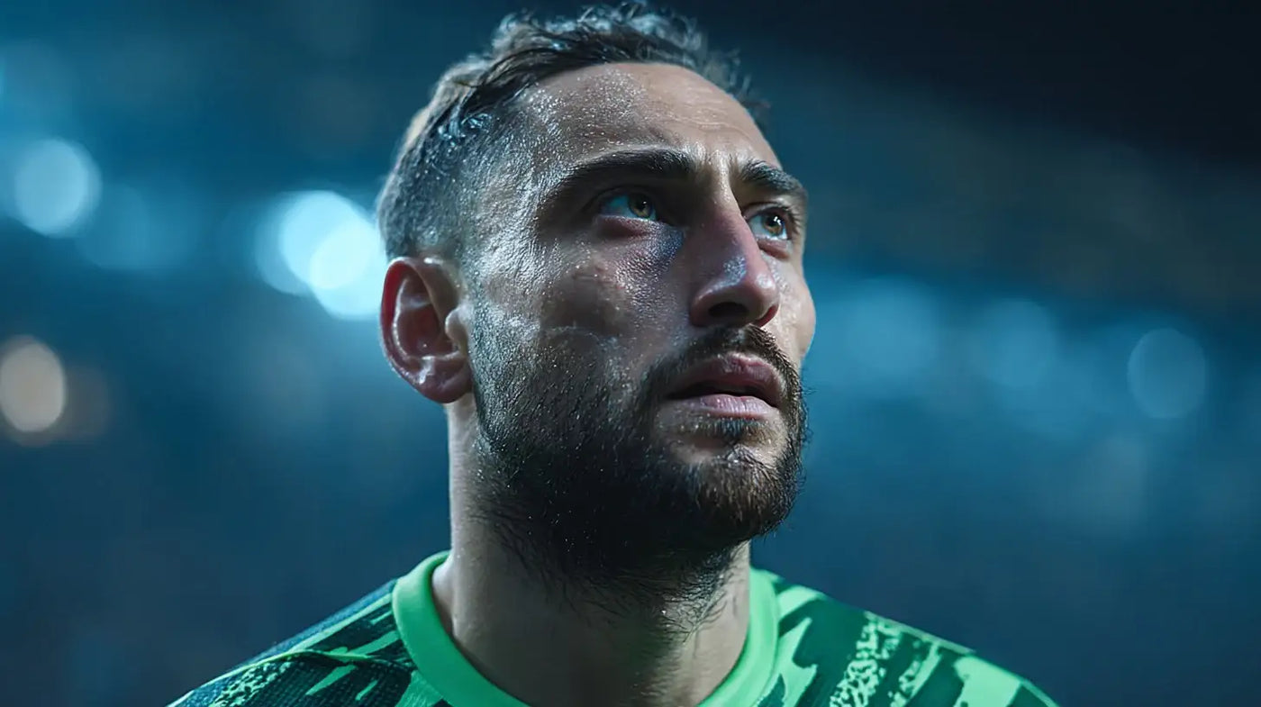 Gianluigi Donnarumma gazing upward in a Paris Saint-Germain goalkeeper football shirt, blue match-night lighting and focused expression.