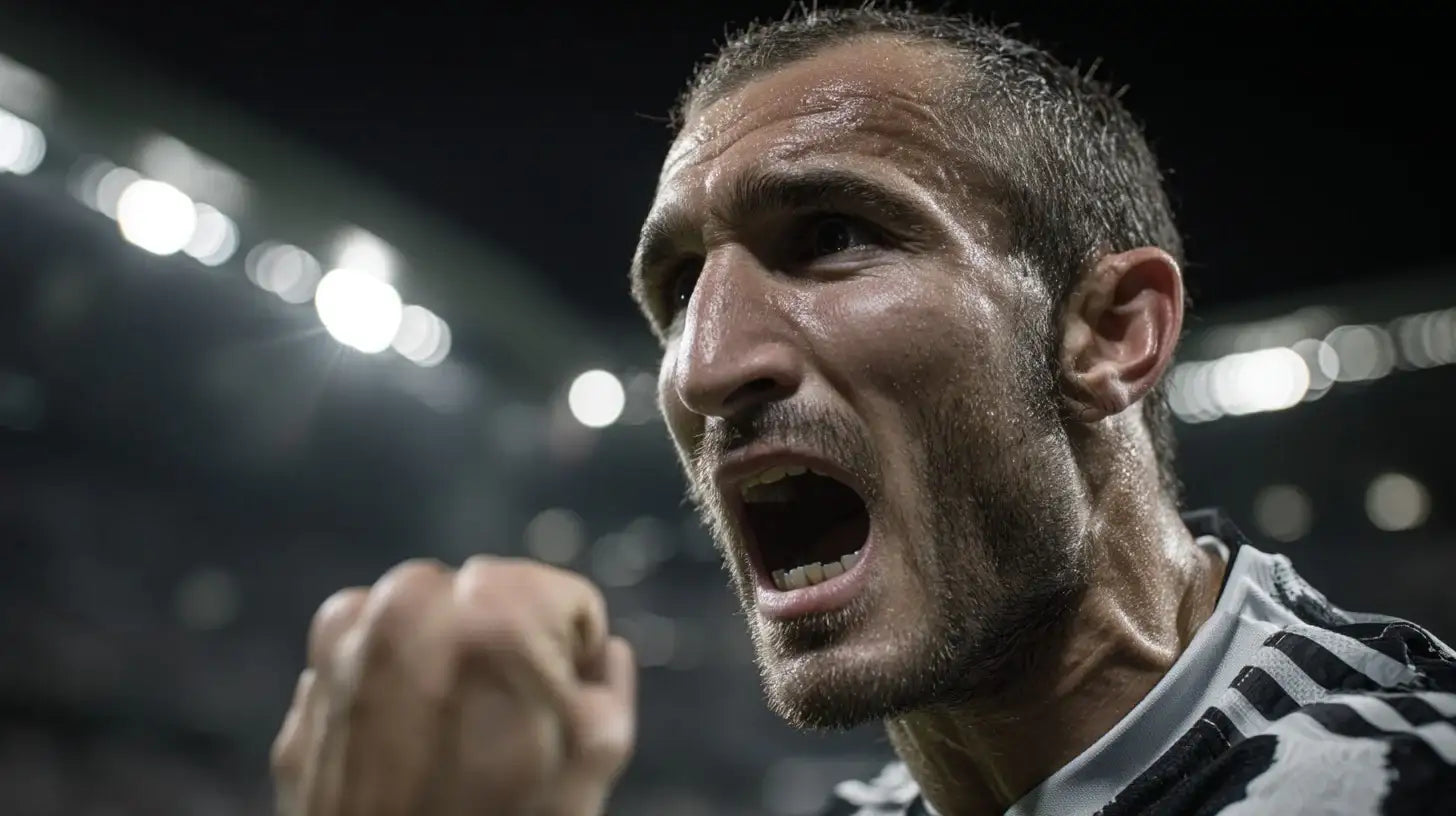Giorgio Chiellini in Juventus black and white stripes celebrating with both fists raised in the rain.