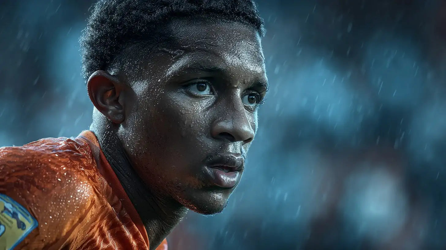 Givairo Read in an Netherlands U19 orange football shirt during rain, determined face and youth international setting.