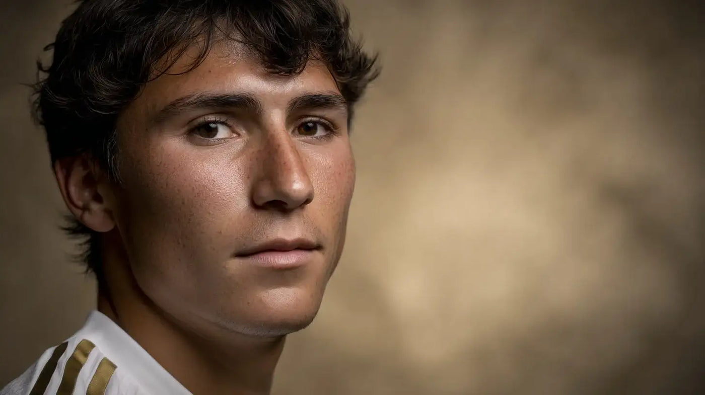 Portrait of Gonzalo García in a Real Madrid football shirt, soft light and composed expression for academy prospect.