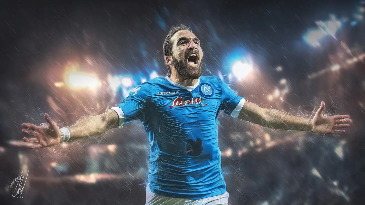 Gonzalo Higuaín celebrating with arms outstretched in a Napoli sky-blue football shirt during heavy rain, dramatic stadium lights.