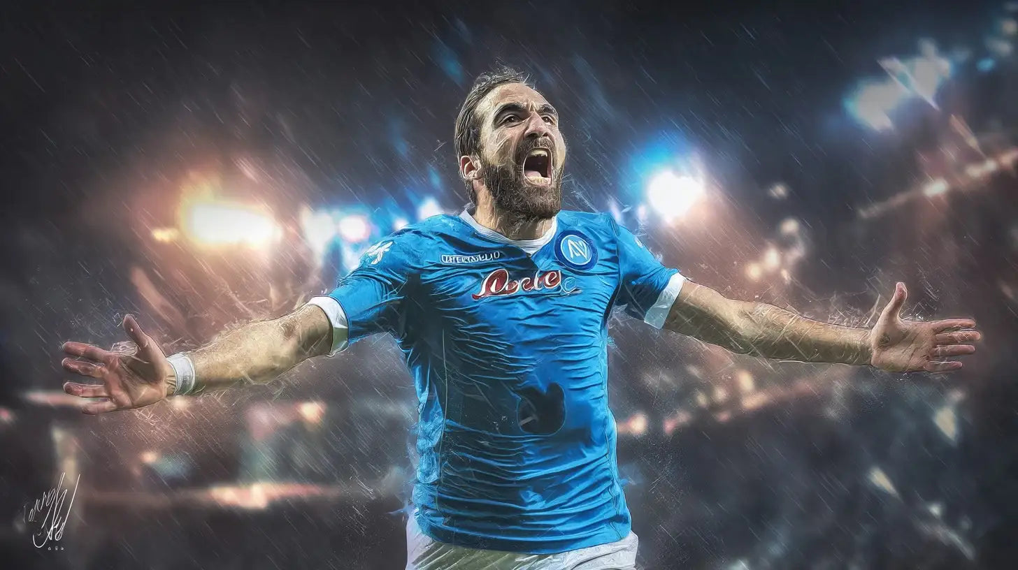 Gonzalo Higuaín celebrating with arms outstretched in a Napoli sky-blue football shirt during heavy rain, dramatic stadium lights.