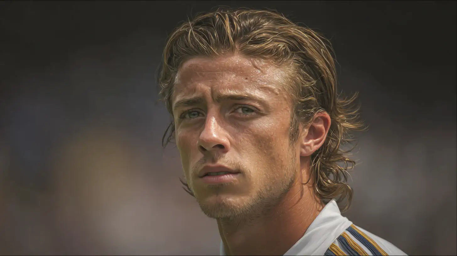 Guti in Real Madrid home football shirt, close-up under stadium lights with sweat on his face and a focused expression, background softly blurred.