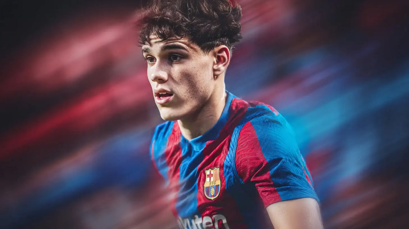 Héctor Fort sprinting for FC Barcelona in a navy and maroon football shirt, motion blur trailing behind under stadium lights.