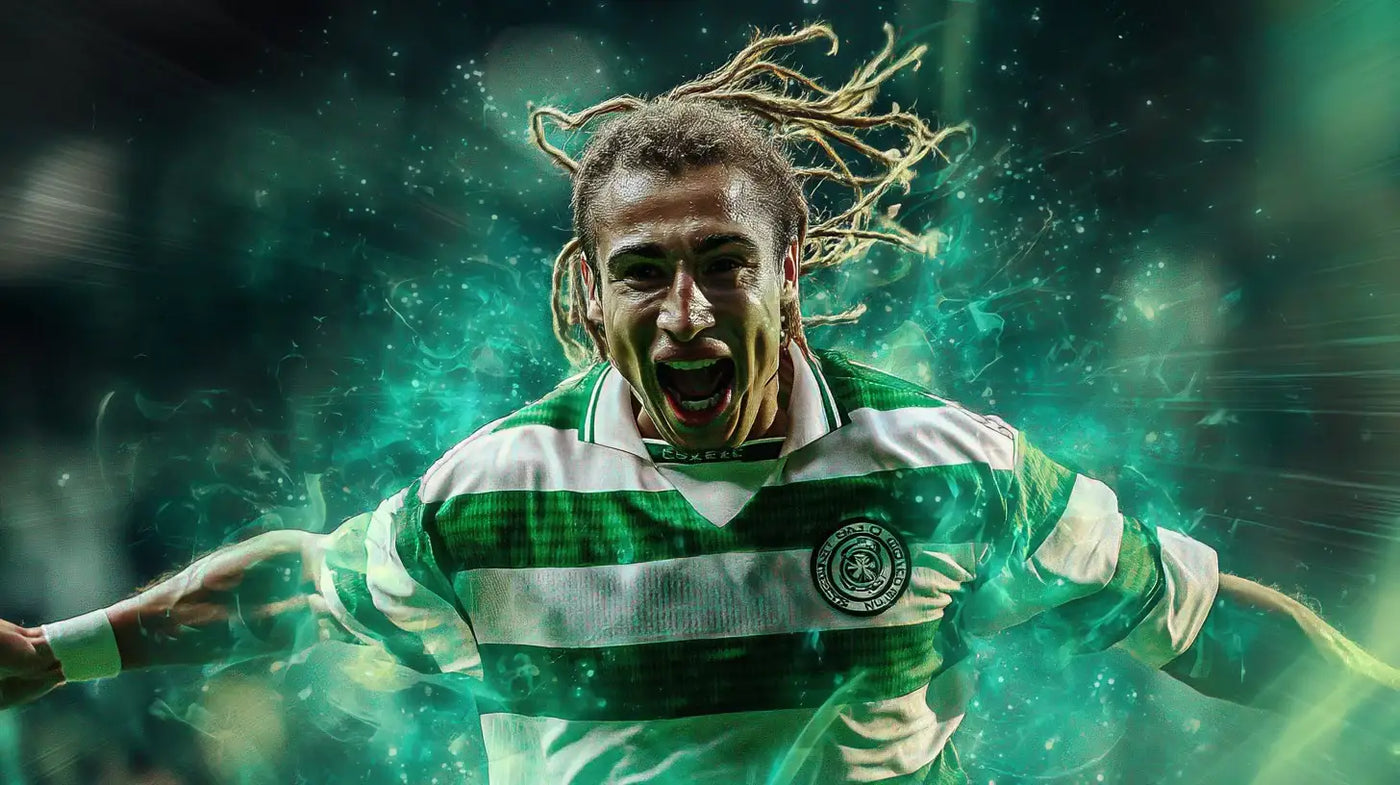 Henrik Larsson in green and white hooped Celtic football shirt, celebrating with arms wide and dreadlocks flying.
