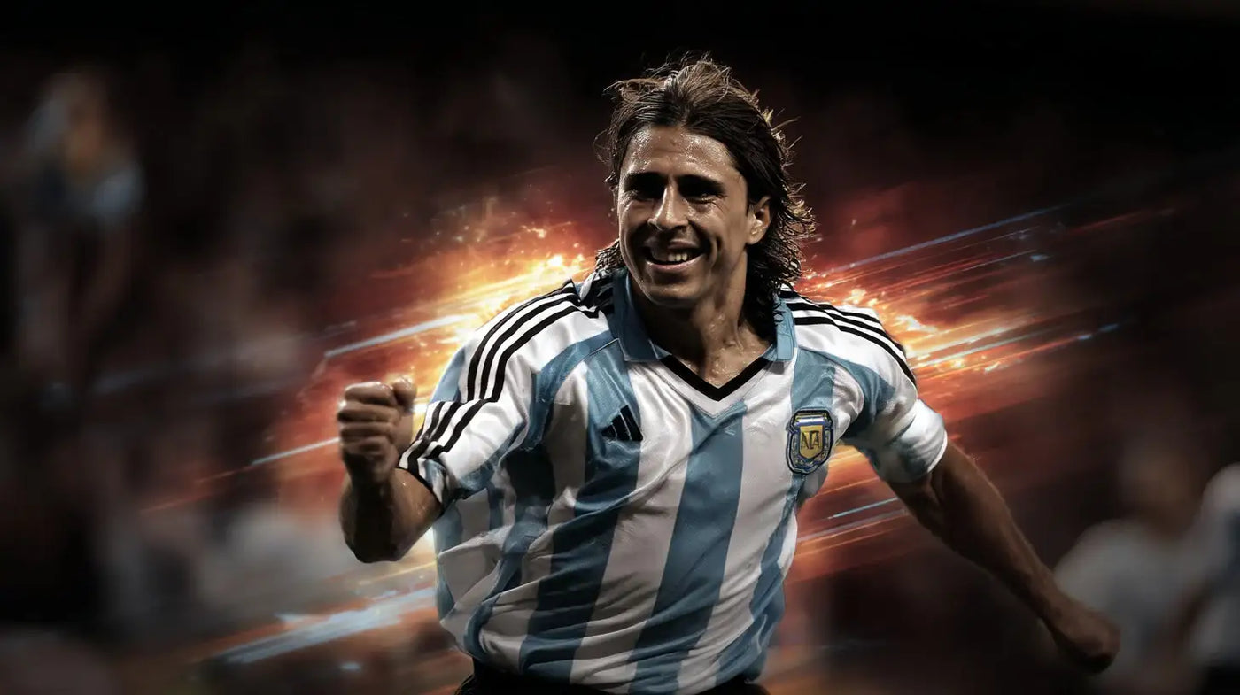 Hernán Crespo in an Argentina sky blue and white striped home shirt sprints forward celebrating a goal with a bright stadium crowd behind him.