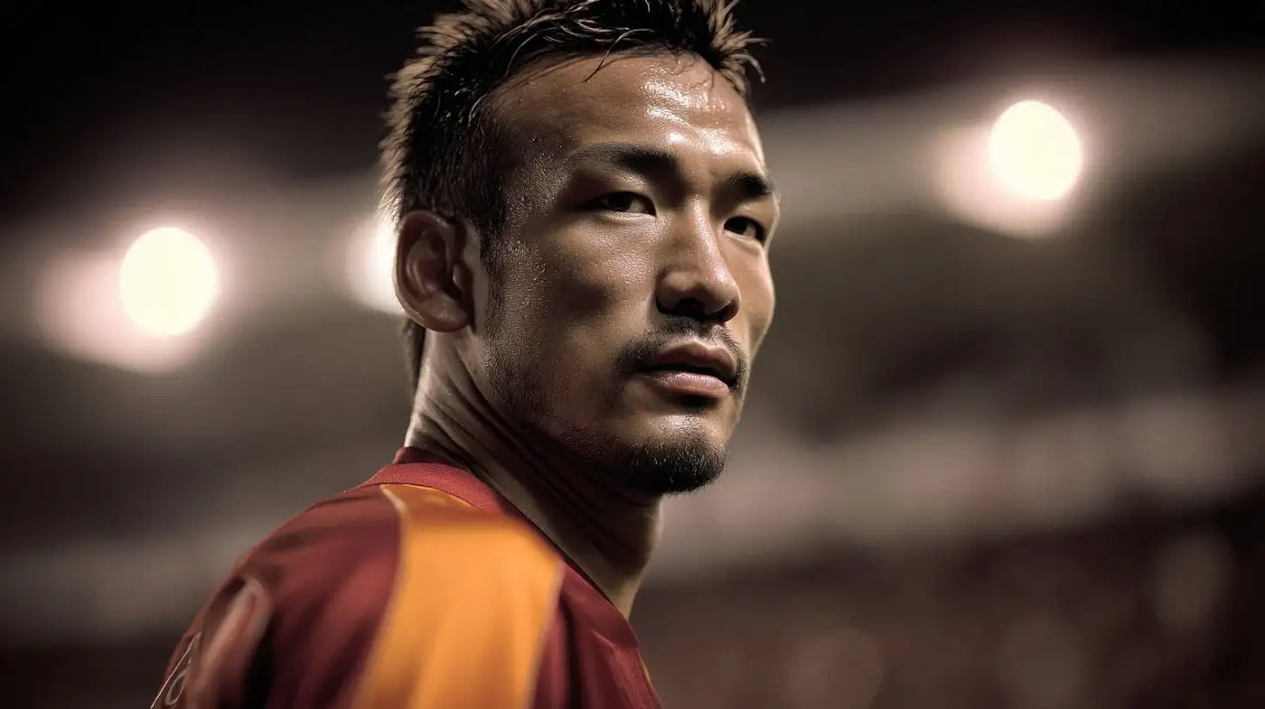 Hidetoshi Nakata looking back over his shoulder in an AS Roma deep red football shirt with a golden yellow shoulder panel, stadium lights glowing behind.