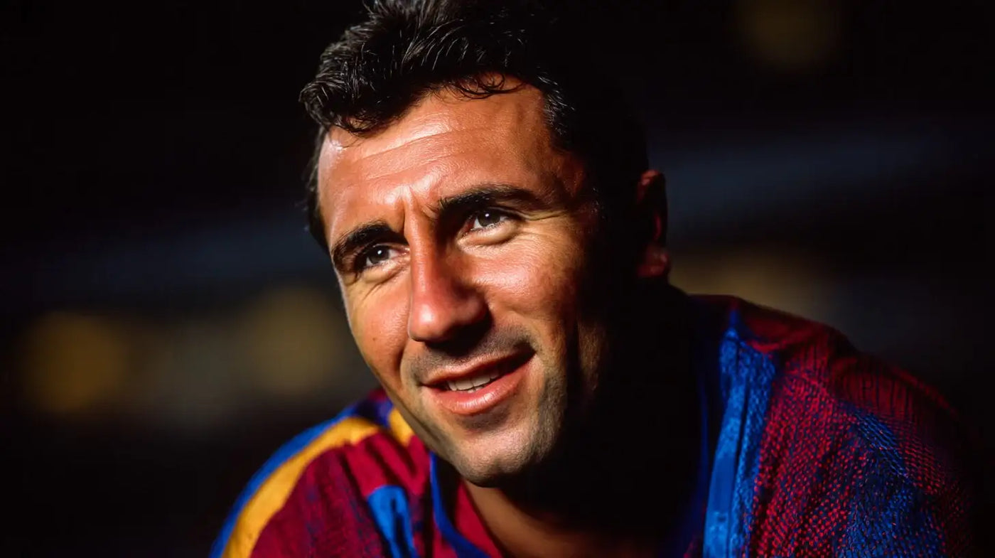 Hristo Stoichkov smiling in a Barcelona blue and red football shirt, close-up portrait in dramatic low light.