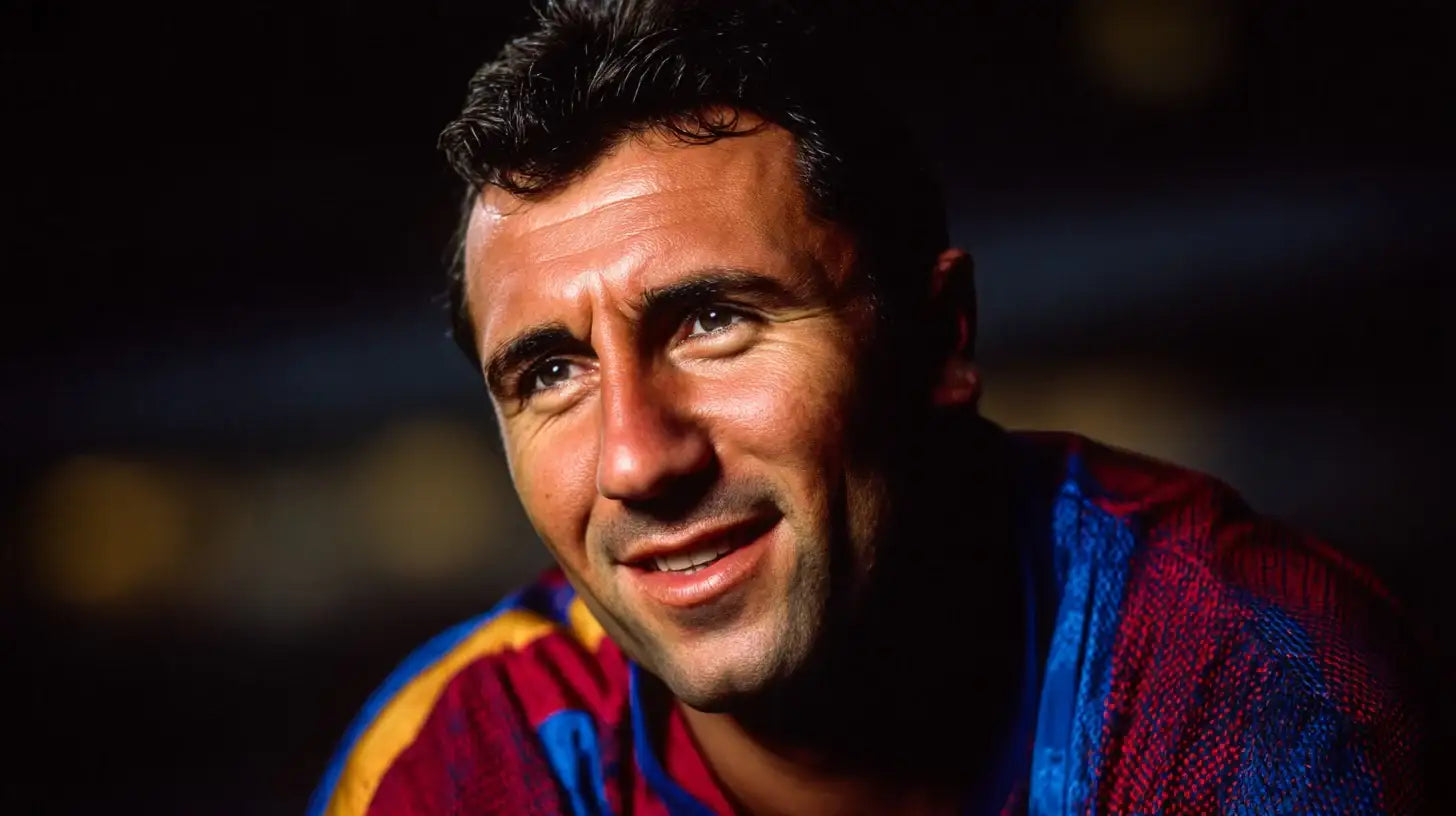 Hristo Stoichkov smiling in a Barcelona blue and red football shirt, close-up portrait in dramatic low light.