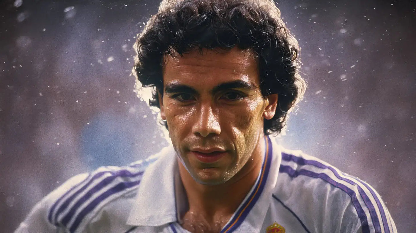 Hugo Sanchez wearing a white Real Madrid football shirt with purple shoulder stripes, focused expression with snow-like rain in the stadium.
