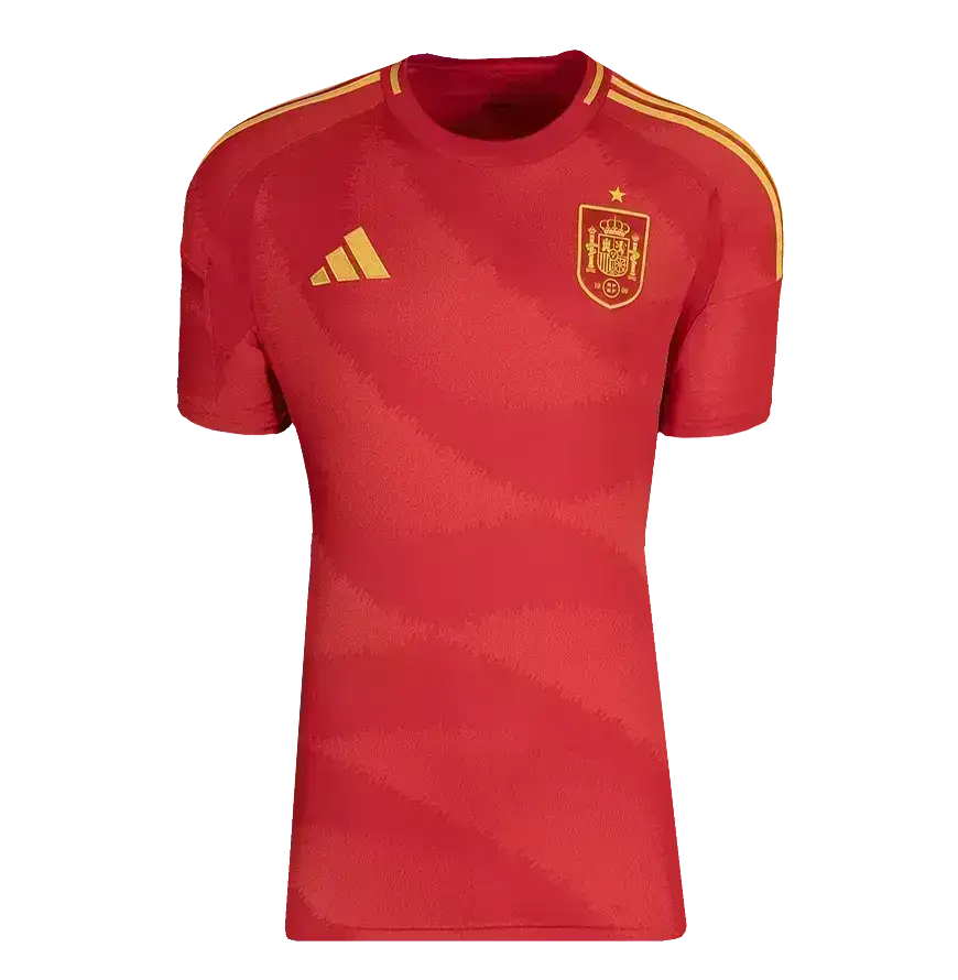 Back view featuring signature and No. 19 on the red football shirt for Spain.