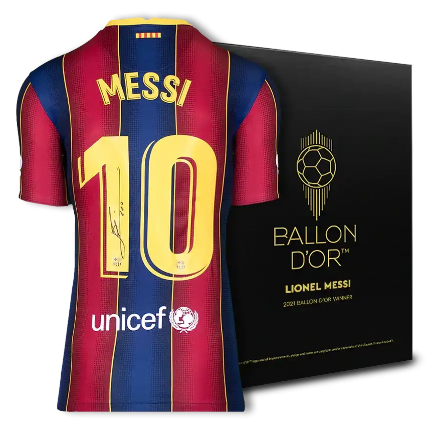 Front view of signed football shirt displaying Messi, No. 10, with UNICEF logo and Ballon d&