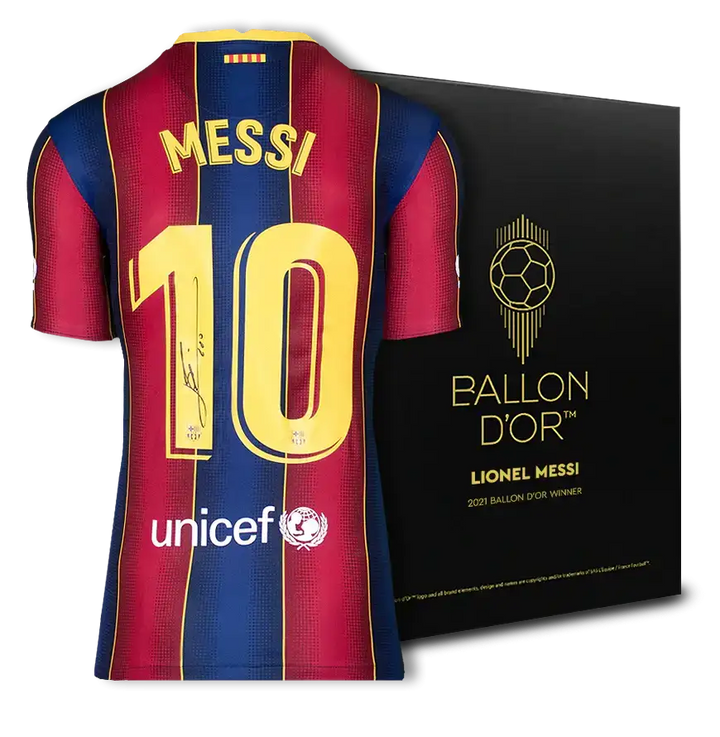 Front view of signed football shirt displaying Messi, No. 10, with UNICEF logo and Ballon d&