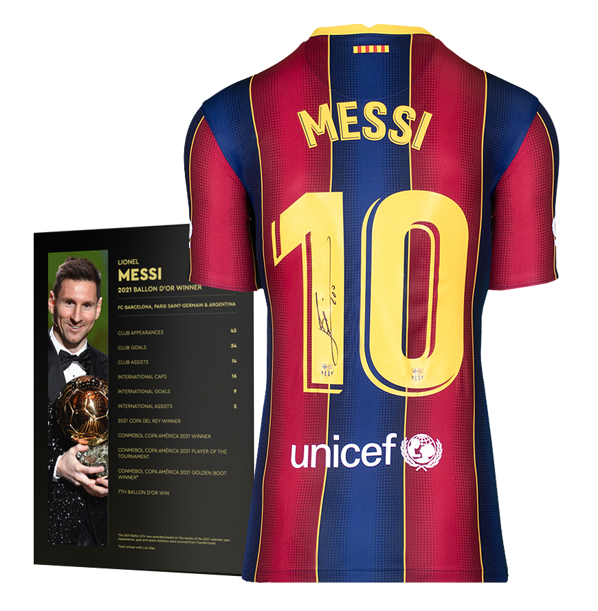 Messi's signed Barcelona 2020-21 shirt from the back beside the Icons card listing his 2021 Ballon d'Or season.