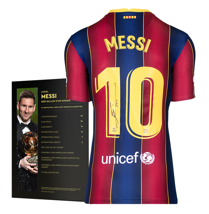 Messi's signed Barcelona 2020-21 shirt from the back beside the Icons card listing his 2021 Ballon d'Or season.