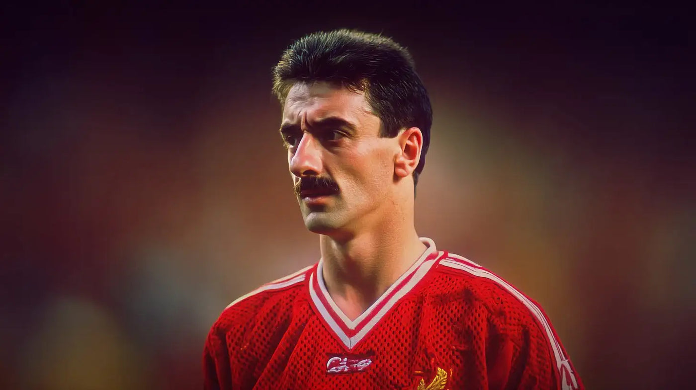 Ian Rush in a red Liverpool kit, close-up view with serious expression against a softly blurred stadium background.