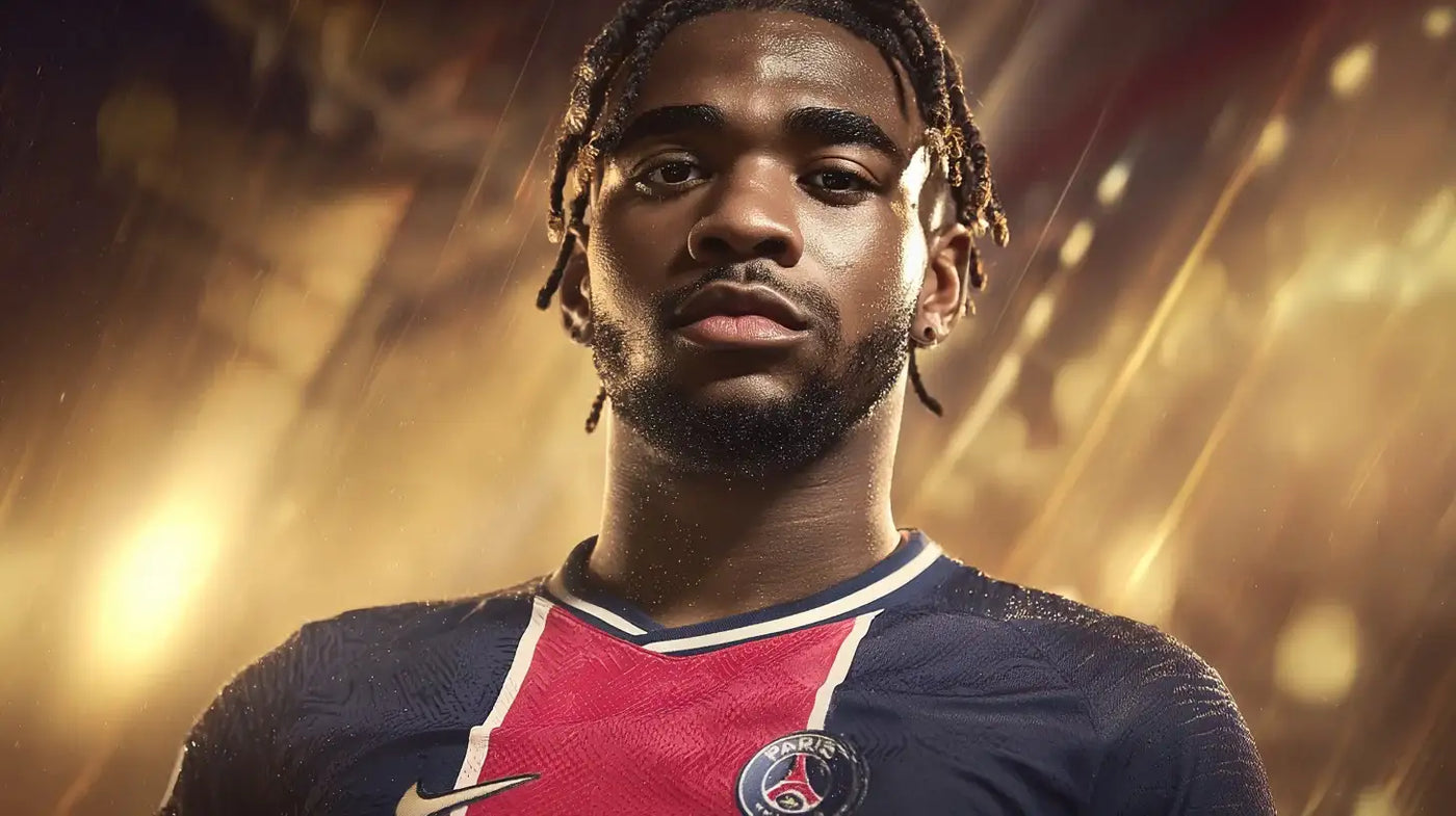Ibrahim Mbaye in a dark blue Paris Saint-Germain home shirt with a red centre stripe, standing under golden stadium lights with a serious expression.