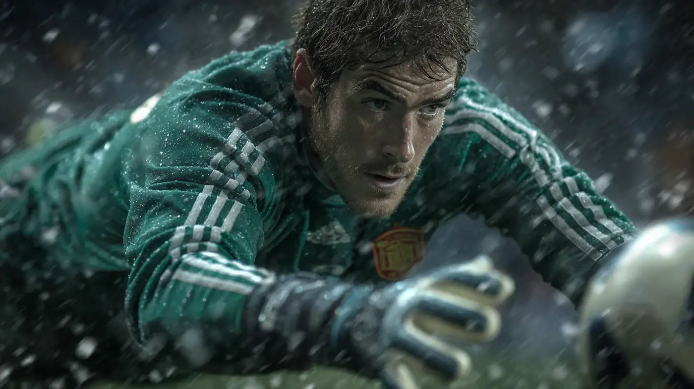 Iker Casillas diving save for Spain in a green goalkeeper football shirt during heavy rain, close-up focus on determination and gloves.