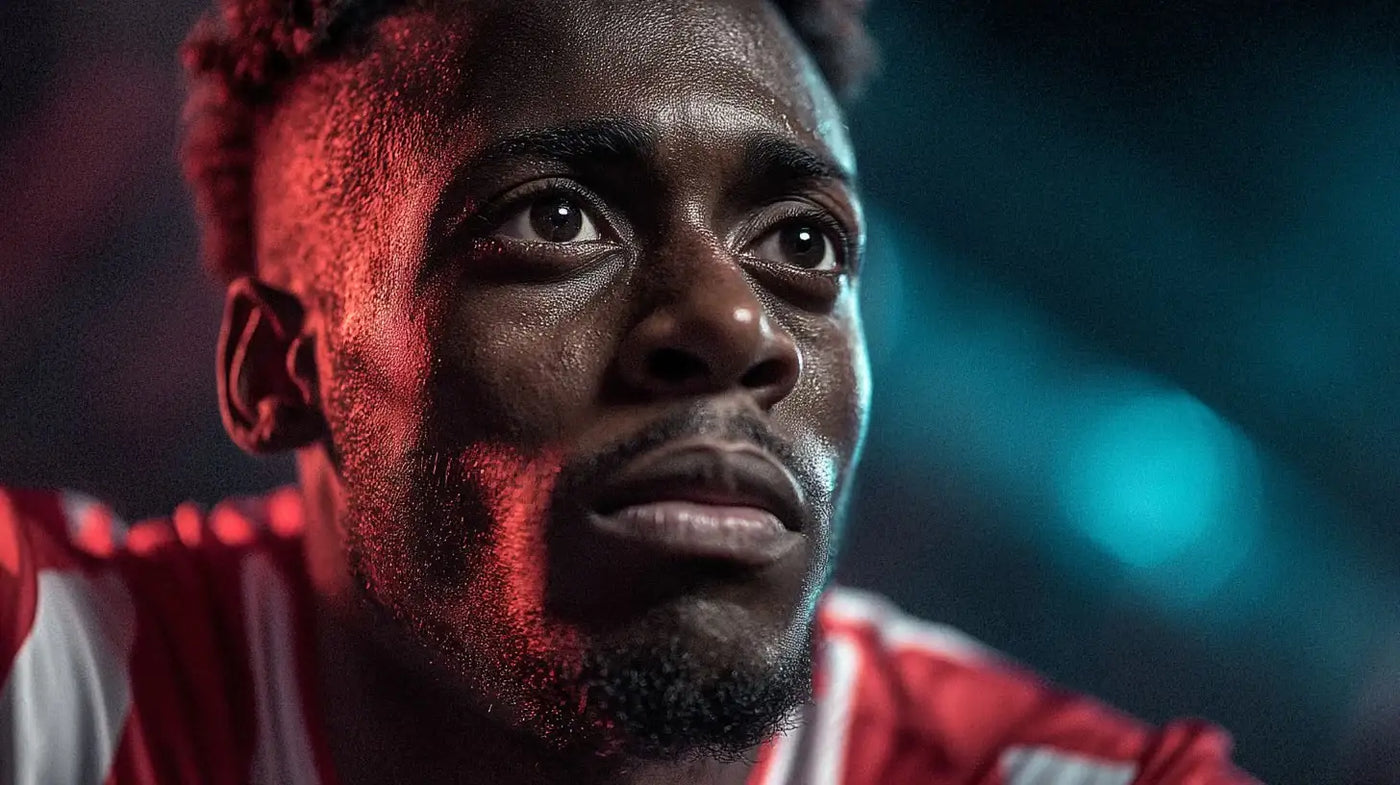 Iñaki Williams close-up for Athletic Club Bilbao, red-and-white football shirt under teal and red lighting, intense gaze before kick-off.