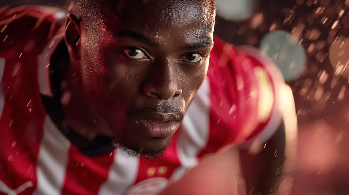 Isaac Babadi focused close-up for PSV Eindhoven in a red-and-white football shirt, rain droplets and warm stadium bokeh.