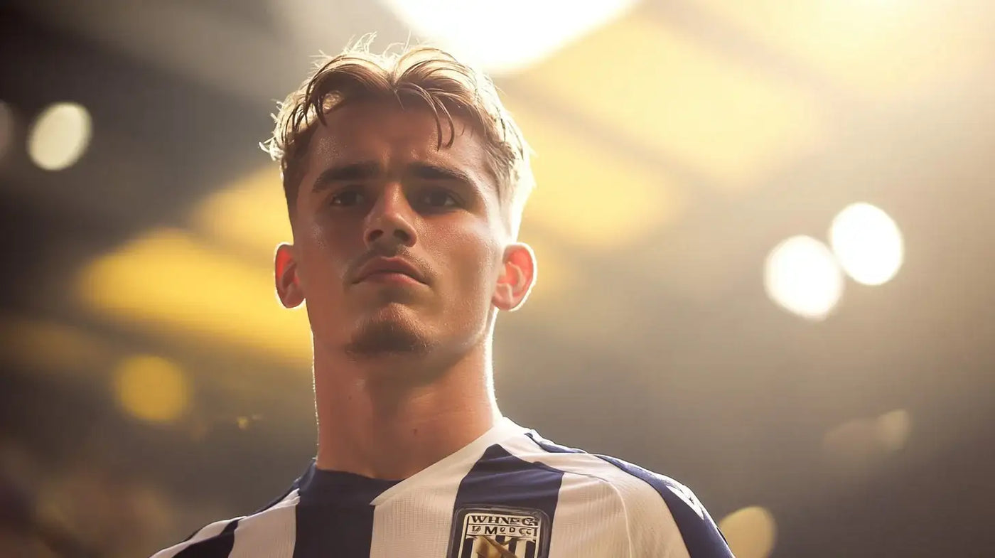 Isaac Price in navy and white striped West Bromwich Albion football shirt with club badge under bright lights.