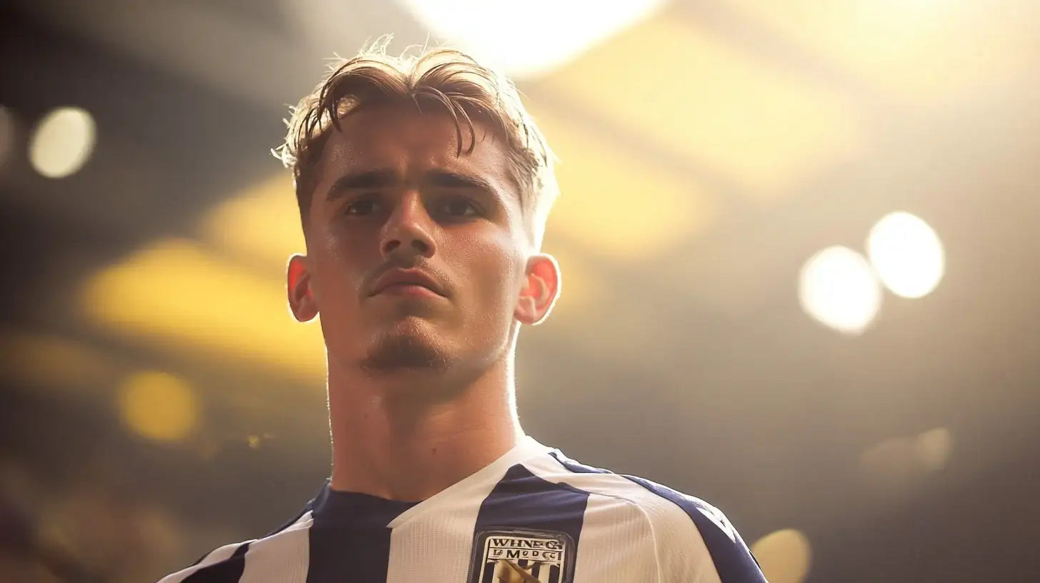 Isaac Price in navy and white striped West Bromwich Albion football shirt with club badge under bright lights.