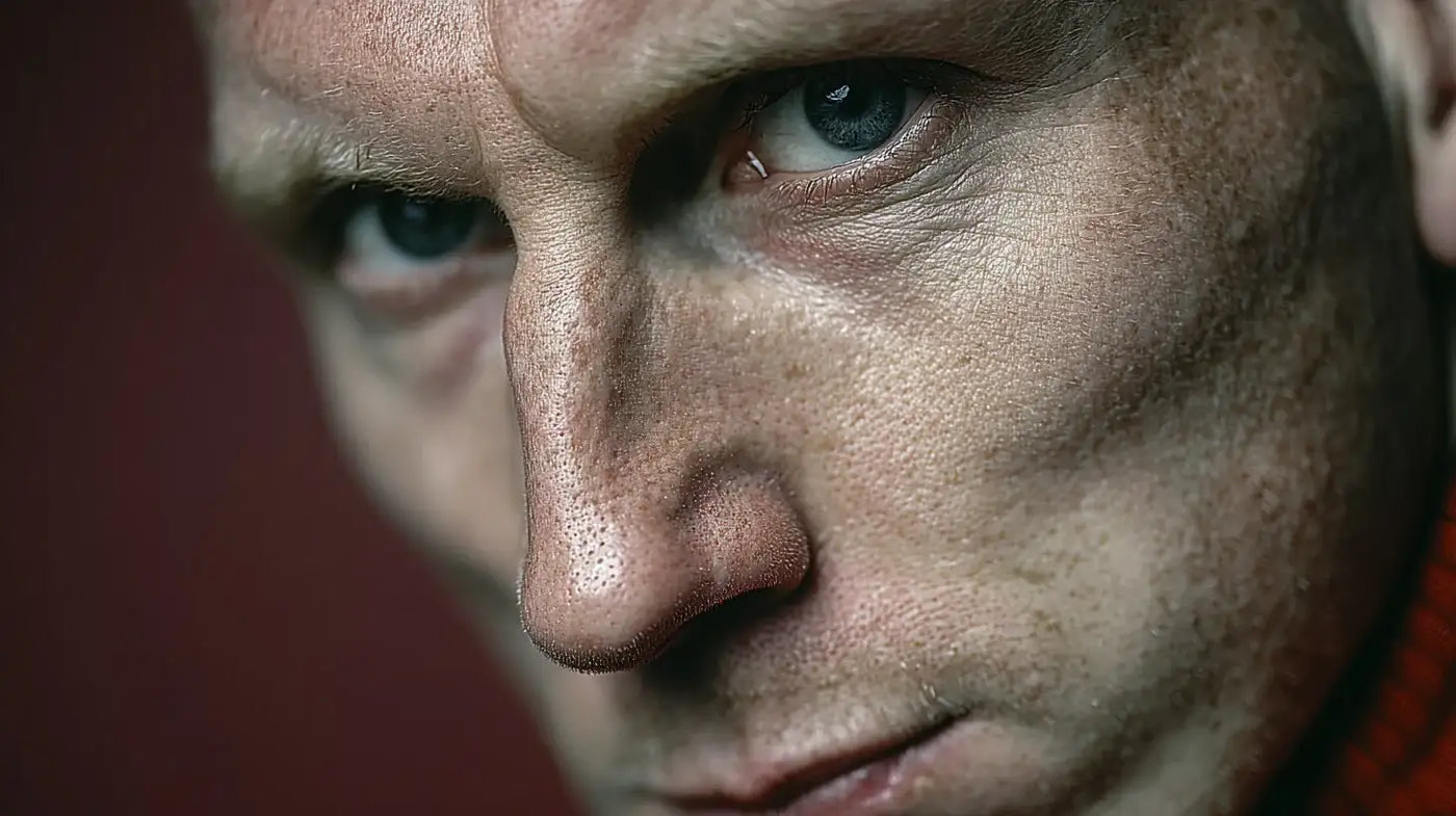 Jaap Stam extreme close-up for Manchester United, piercing stare with hints of a red football shirt collar against a dark background.