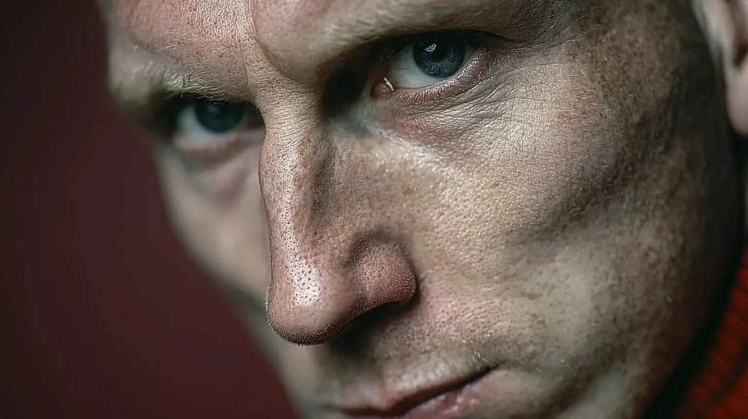 Jaap Stam extreme close-up for Manchester United, piercing stare with hints of a red football shirt collar against a dark background.