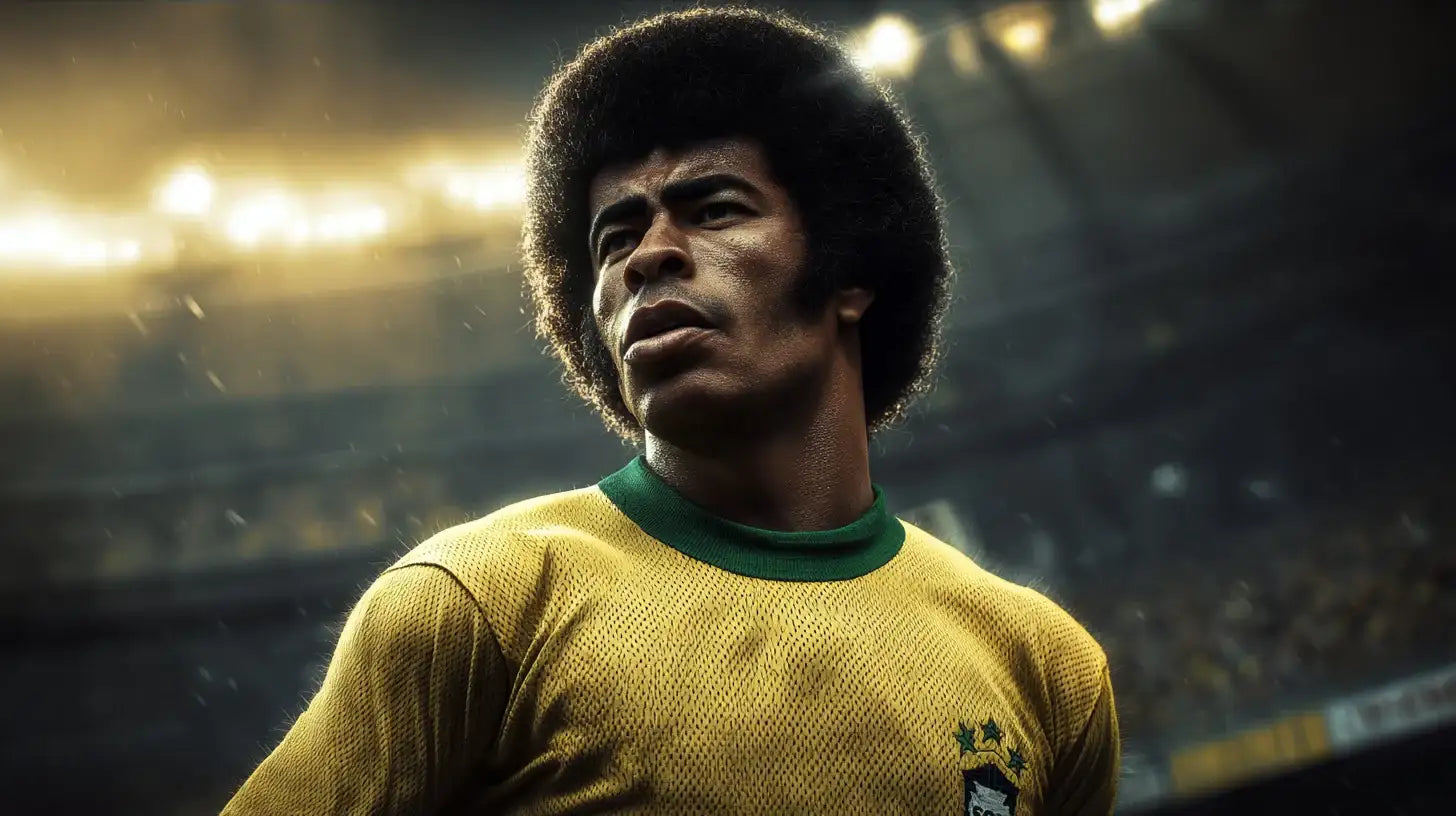 Jairzinho wearing a yellow Brazil football shirt with a green collar, looking to the side under bright stadium lights in the rain.