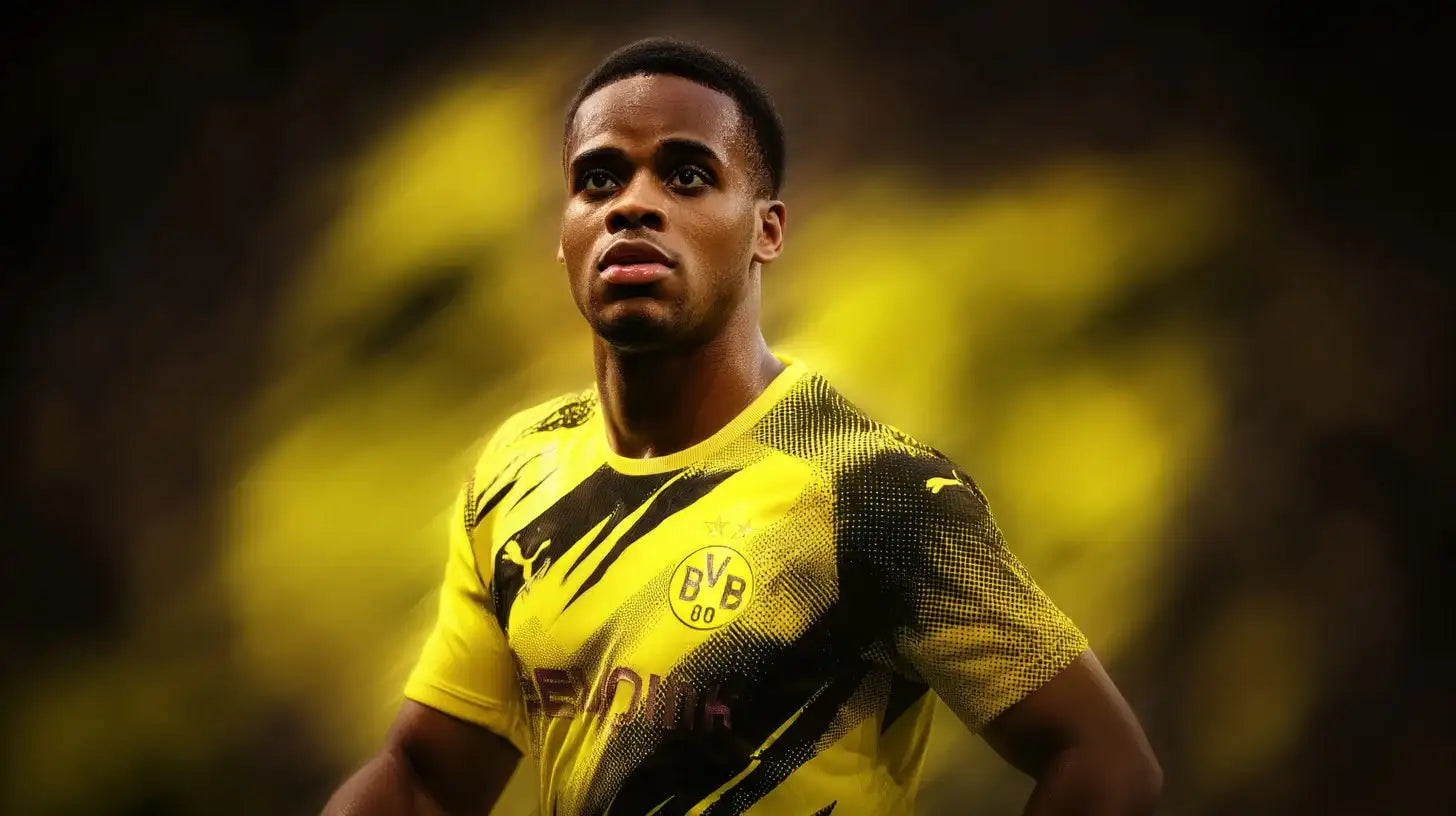 Jamie Bynoe-Gittens in Borussia Dortmund yellow-and-black football shirt, sprinting under stadium lights with dynamic yellow motion blur, determined expression, high-energy Bundesliga action.
