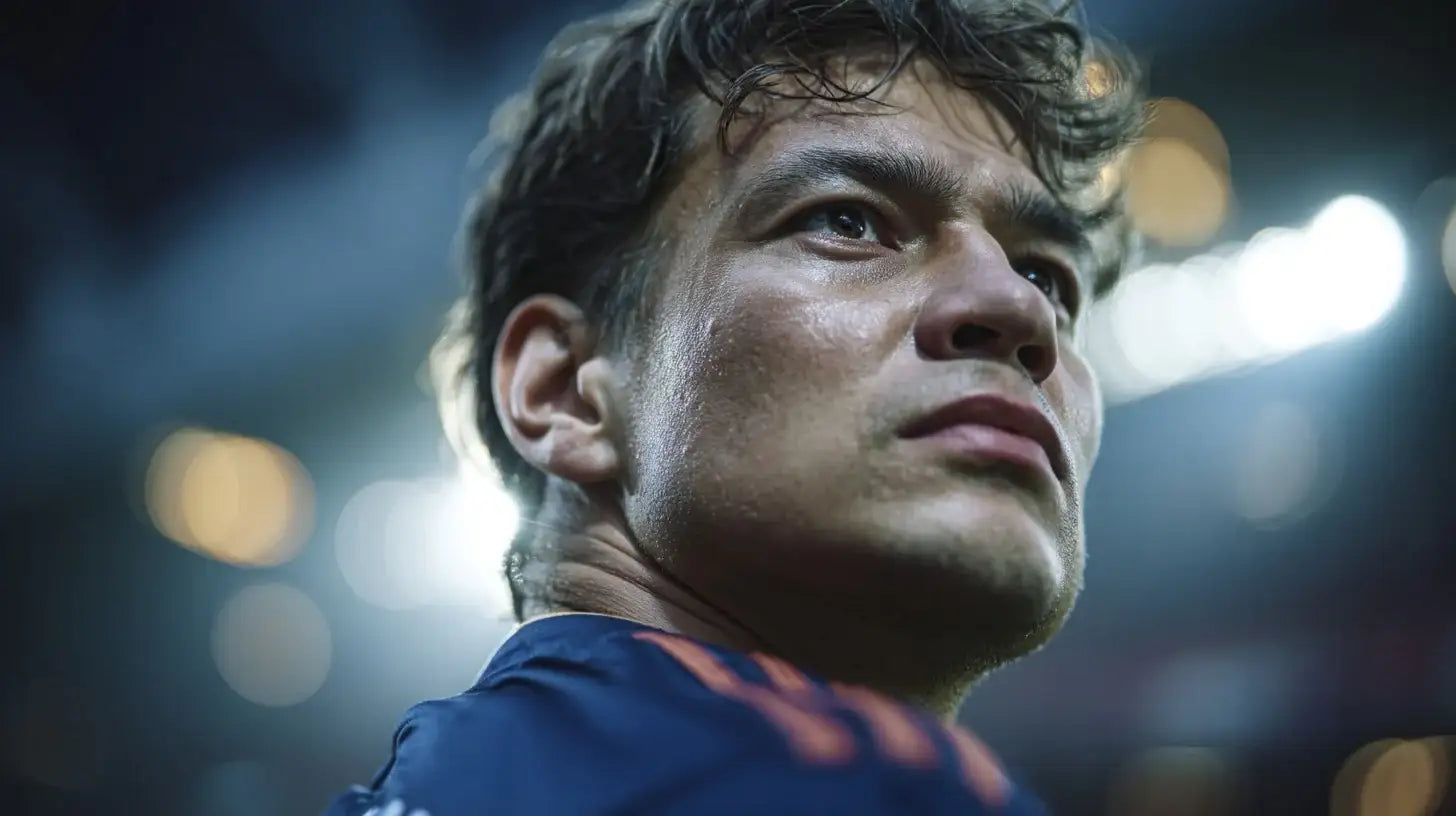 Jari Litmanen of Ajax, intense close-up under stadium lights, sweat on face, navy kit, focused gaze to right.