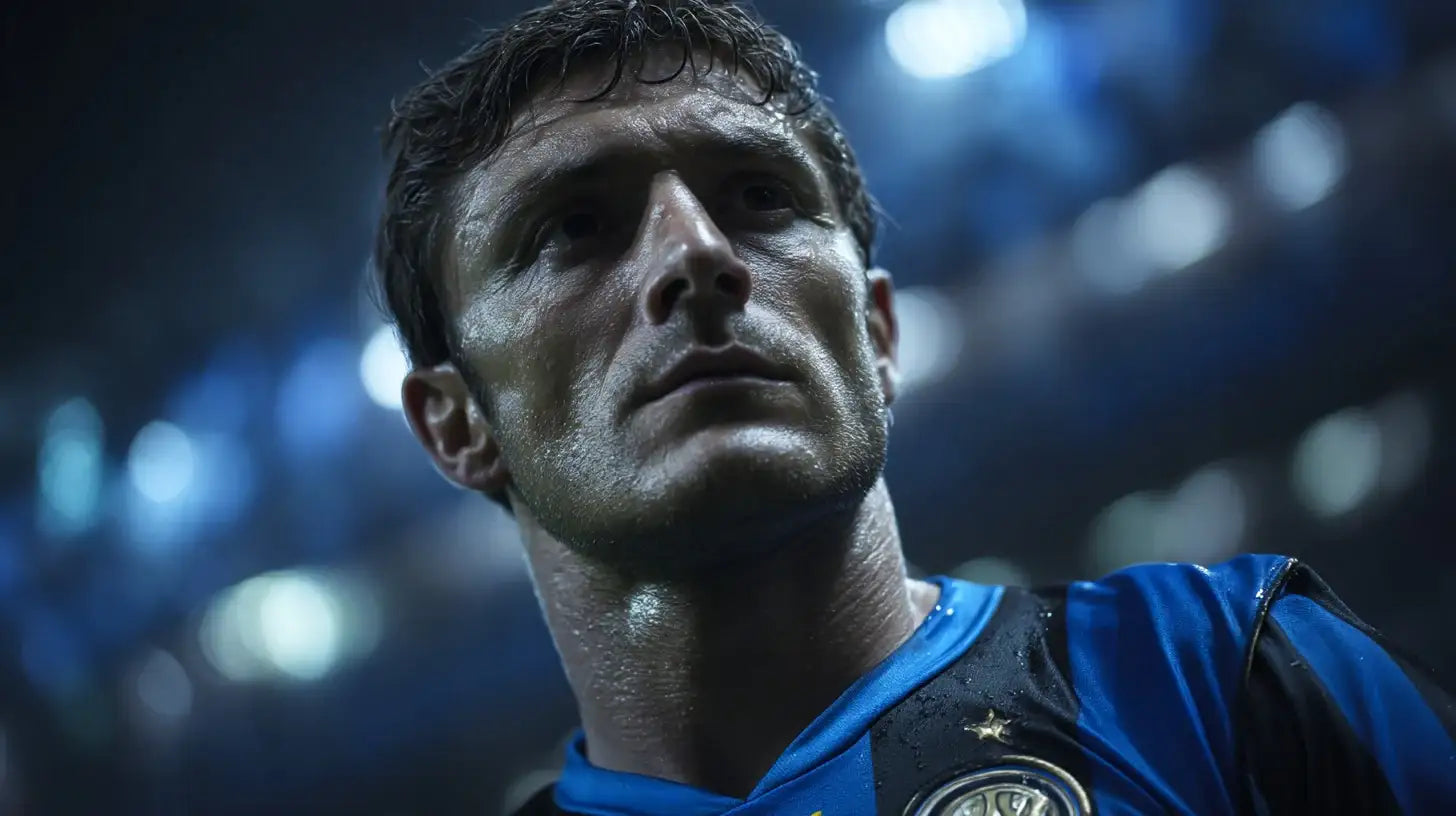 Javier Zanetti close-up in Inter Milan blue-and-black football shirt, sweat-dappled face under floodlights, focused gaze during a night match at San Siro, dramatic bokeh background.