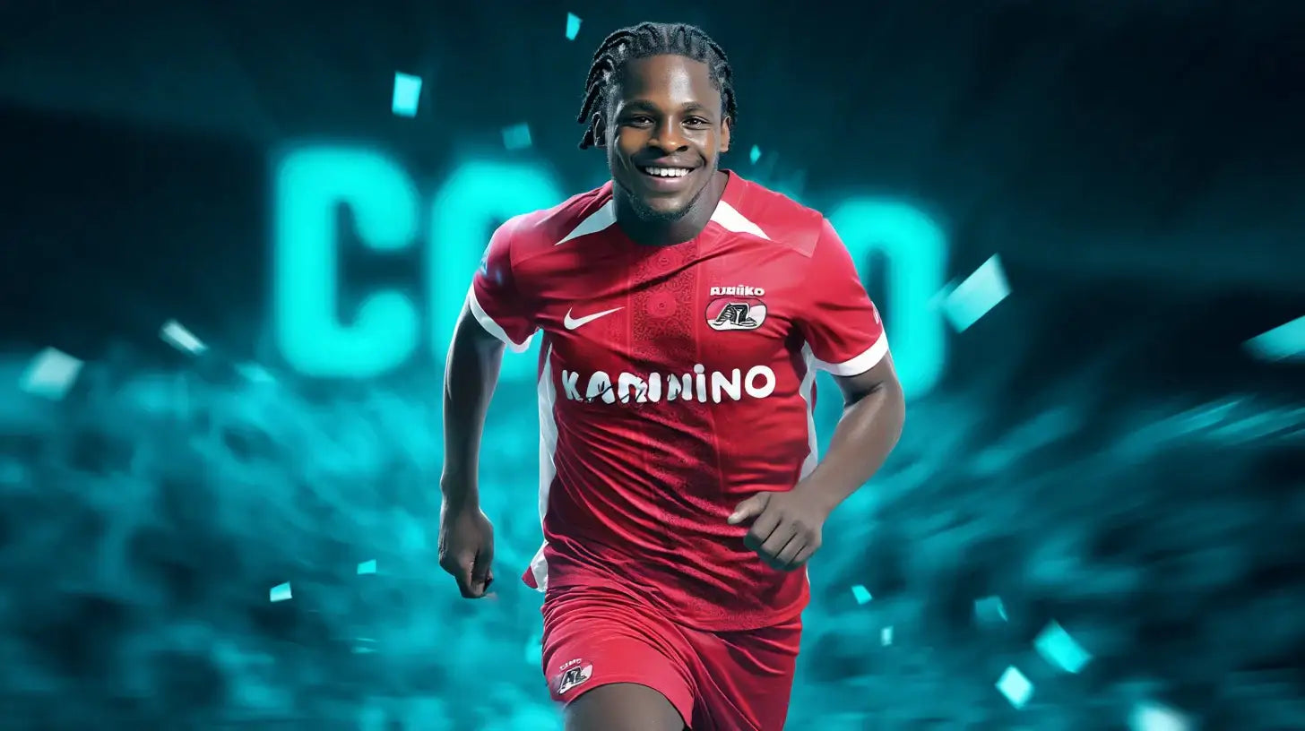 Jayden Addai in AZ Alkmaar red football shirt, sprinting forward and smiling, neon “COMO” backdrop with teal motion effects, clear club crest and sponsor visible, energetic Eredivisie scene.
