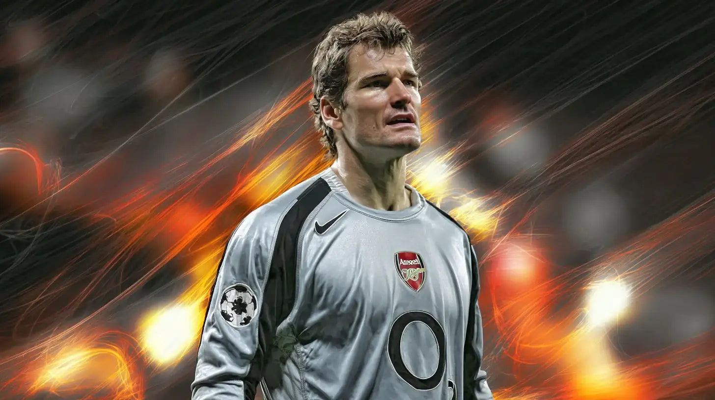 Jens Lehmann in a silver Arsenal goalkeeper shirt with Champions League patch looks focused in front of glowing orange stadium lights.