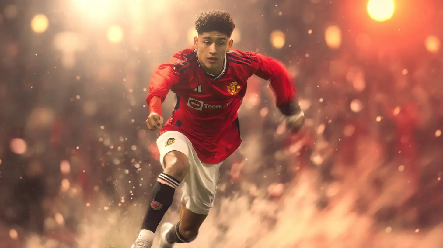 JJ Gabriel in Manchester United red home football shirt, youthful winger bursting into a run, golden stadium glow and swirling particles, sharp focus on player with warm motion blur.