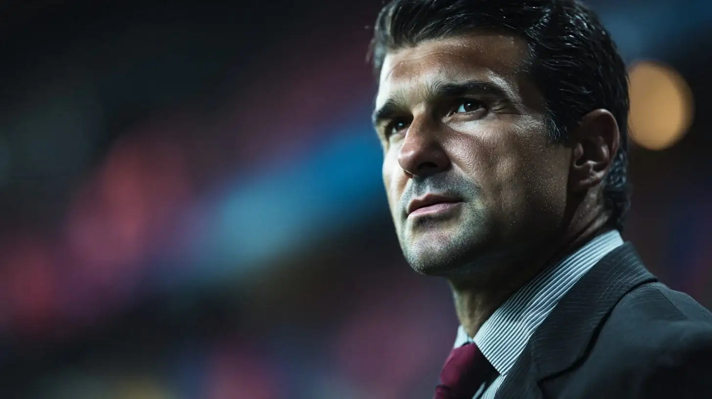 Joan Laporta, FC Barcelona president, serious close-up in suit and tie, blurred Barça colors glowing in background.