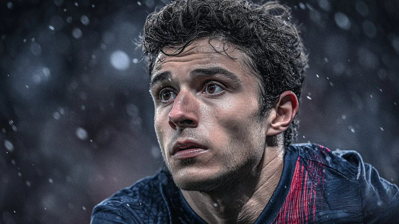 João Neves of Paris Saint-Germain, sprinting in navy kit with central stripe, dynamic motion blur, determined expression.