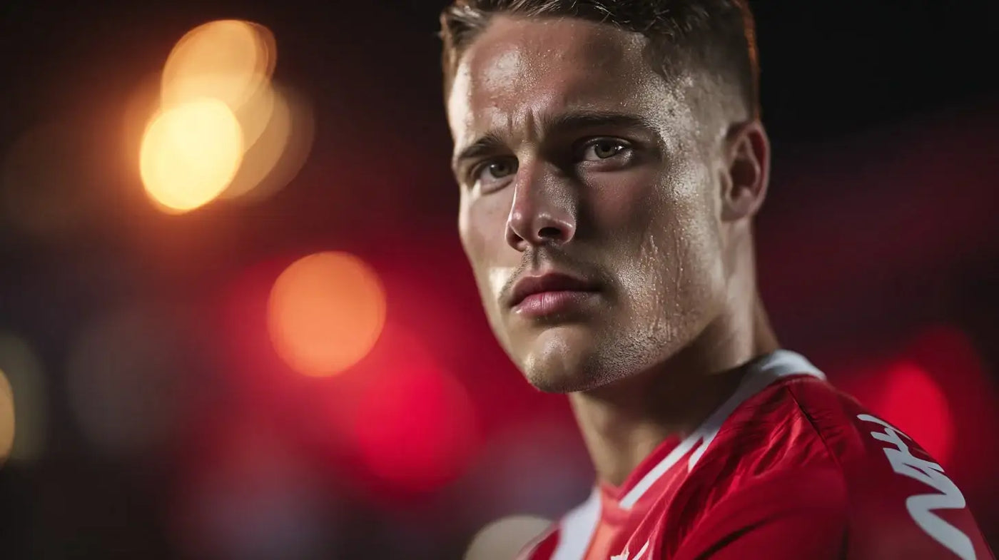 Joey Veerman of PSV Eindhoven, close-up in red-and-white stripes, warm stadium bokeh, sweat beads, eyes fixed ahead.