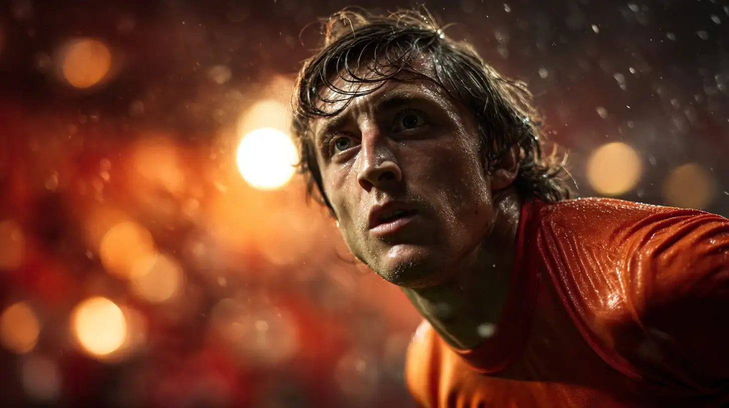 Johan Cruyff for Netherlands, rain-soaked orange kit, upward focused gaze during night match, dramatic backlit stadium lights.