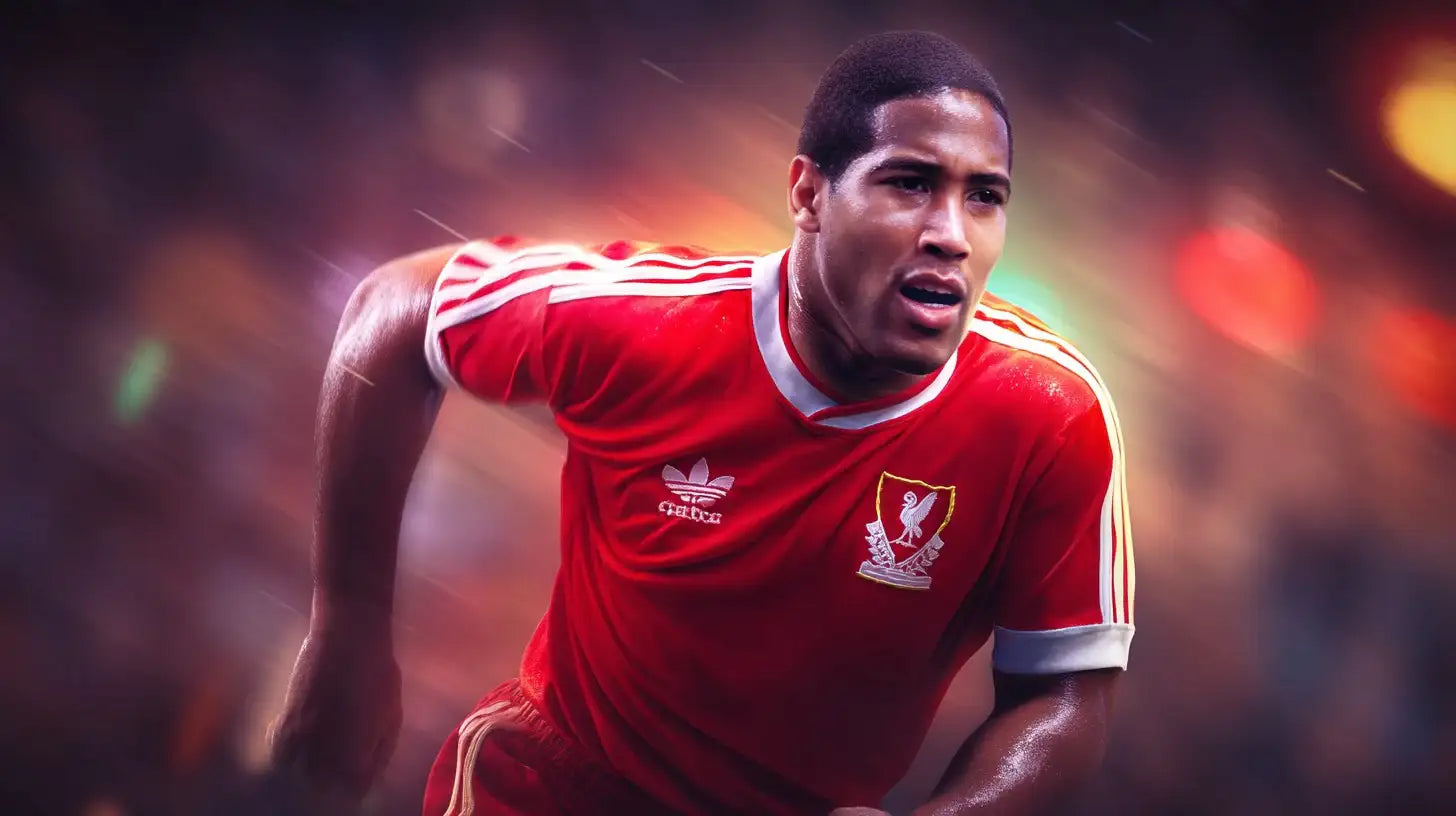 John Barnes of Liverpool sprints forward while wearing a red football shirt with white shoulder stripes.
