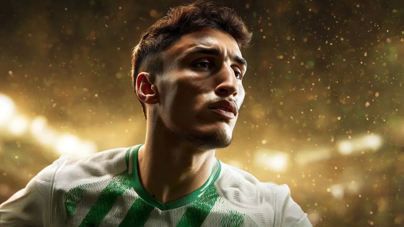 Jorge Salinas Viadero in white and green Racing Santander football shirt with diagonal stripes during a match.