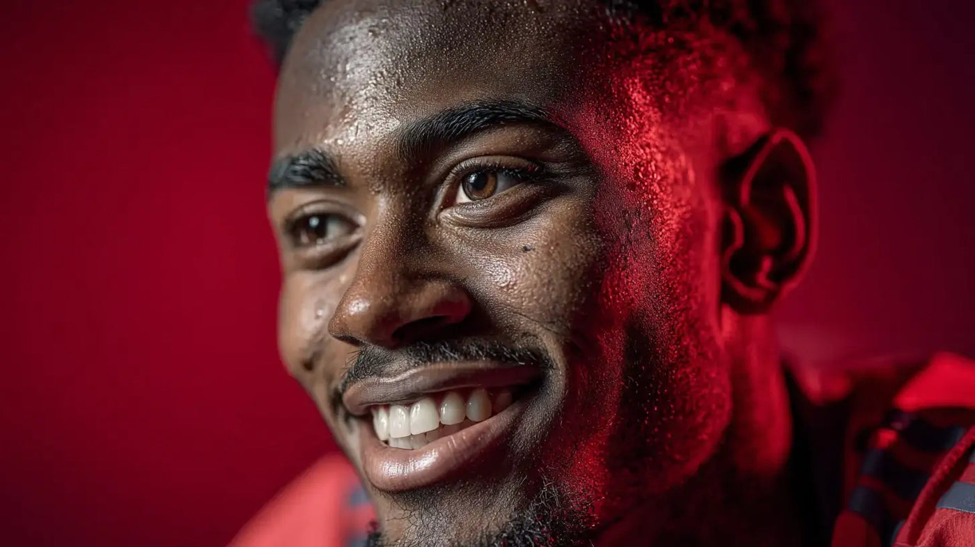 Jorrel Hato of Ajax, tight portrait in white-and-red kit, red stadium bokeh, resolute look, moisture on skin.