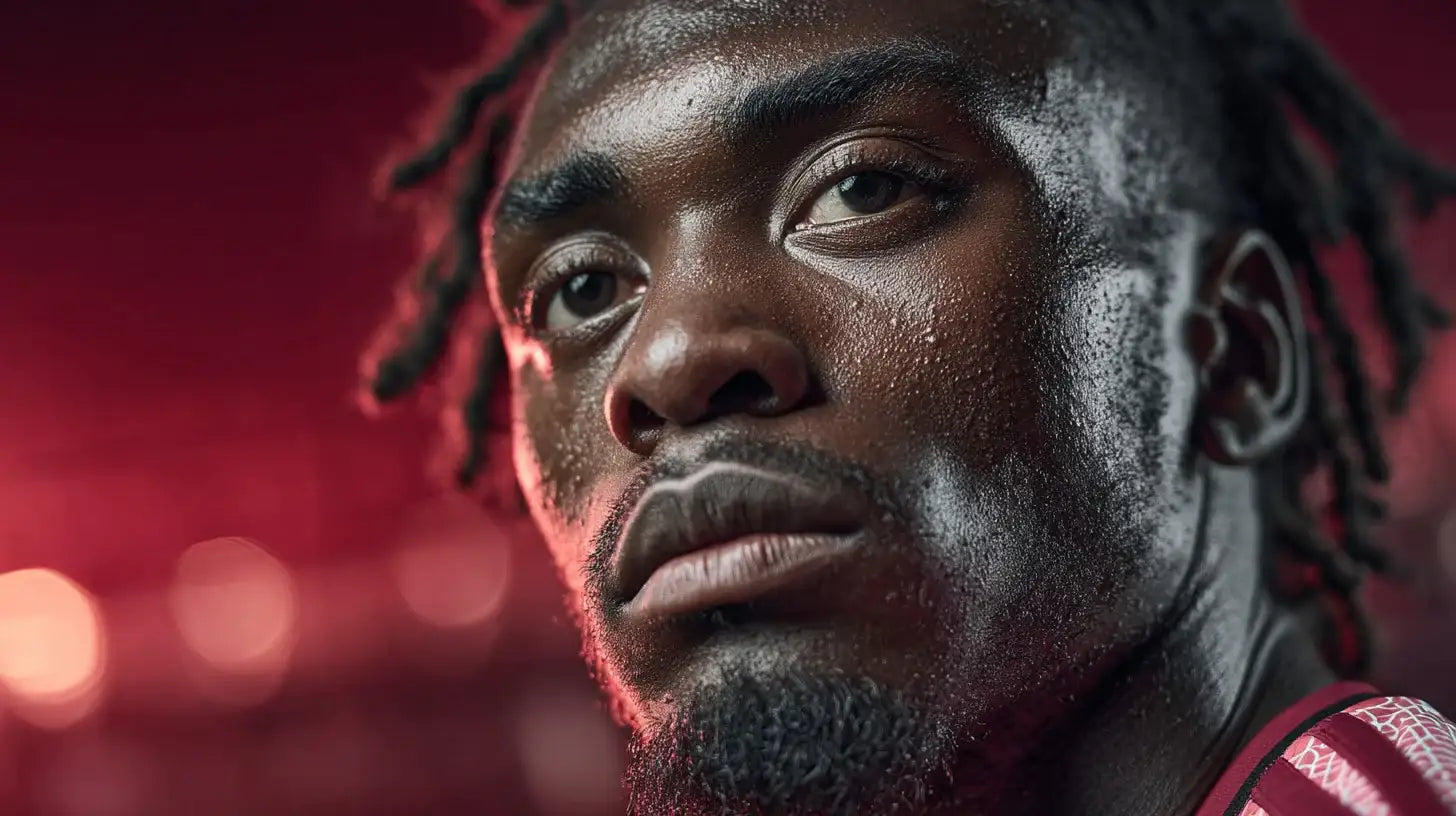 Jorthy Mokio of Ajax, smiling portrait in red studio lighting, crisp facial detail, confident expression.