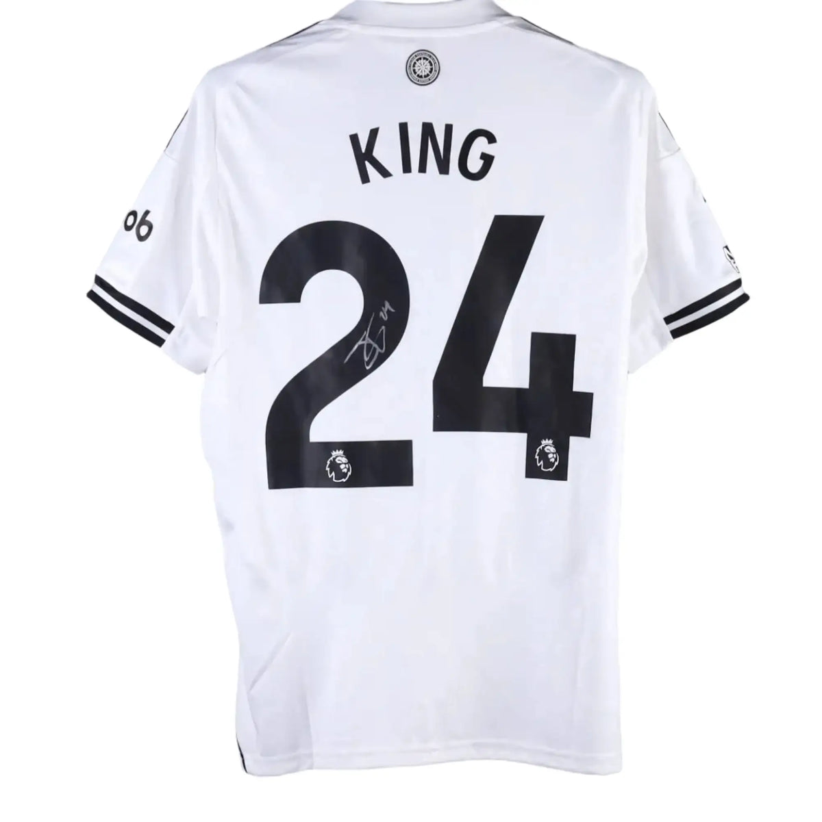 Back of a white Fulham F.C. shirt with a black KING nameset, number 24 and a grey-marker signature, Josh King's Fulham F.C. 2025-2026 No. 24 shirt.