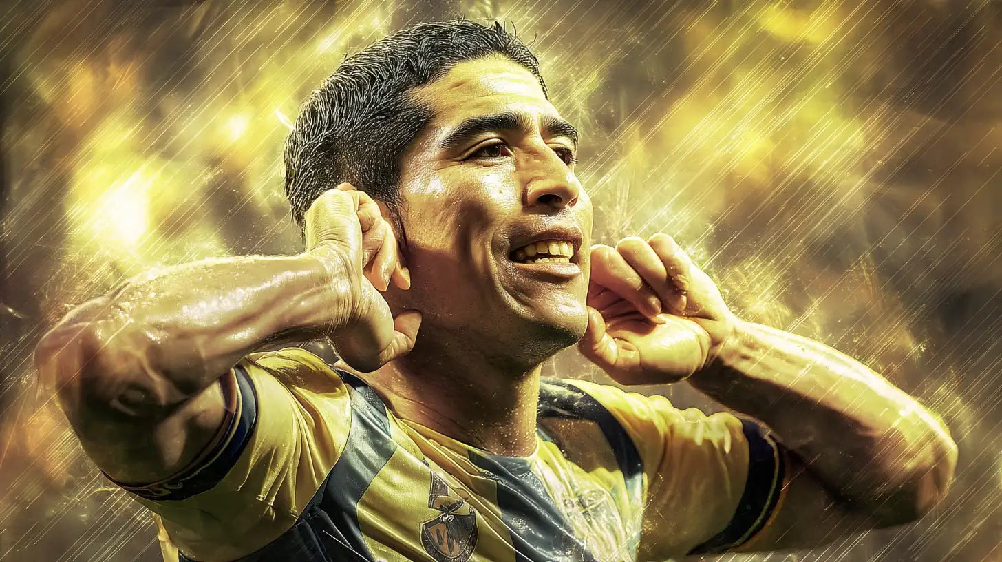 Juan Roman Riquelme Villareal celebrating with hands to ears in a yellow Villareal kit under stadium lights.