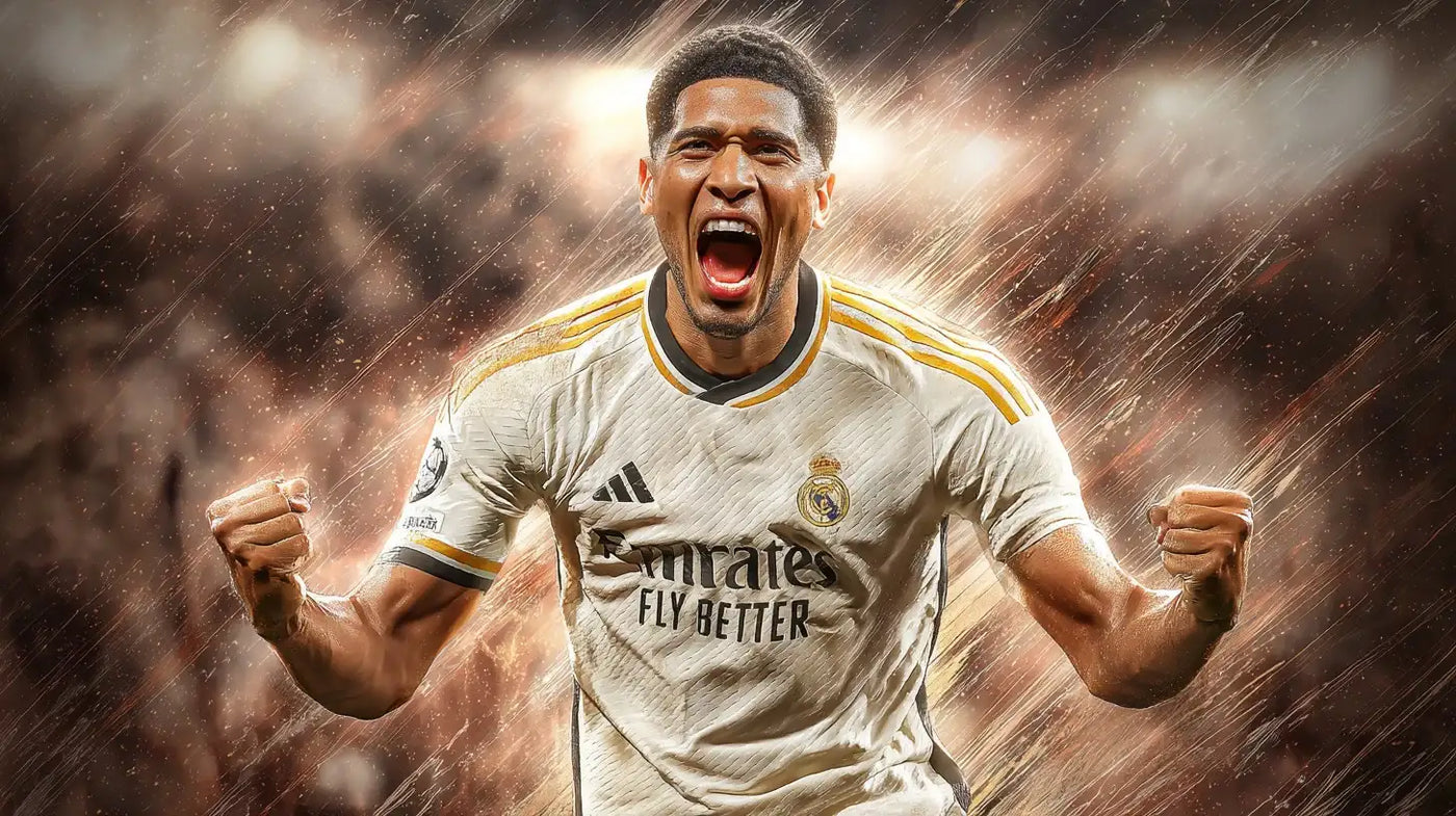 Jude Bellingham of Real Madrid, roaring celebration in white kit, clenched fists, golden particle backdrop, club crest visible.