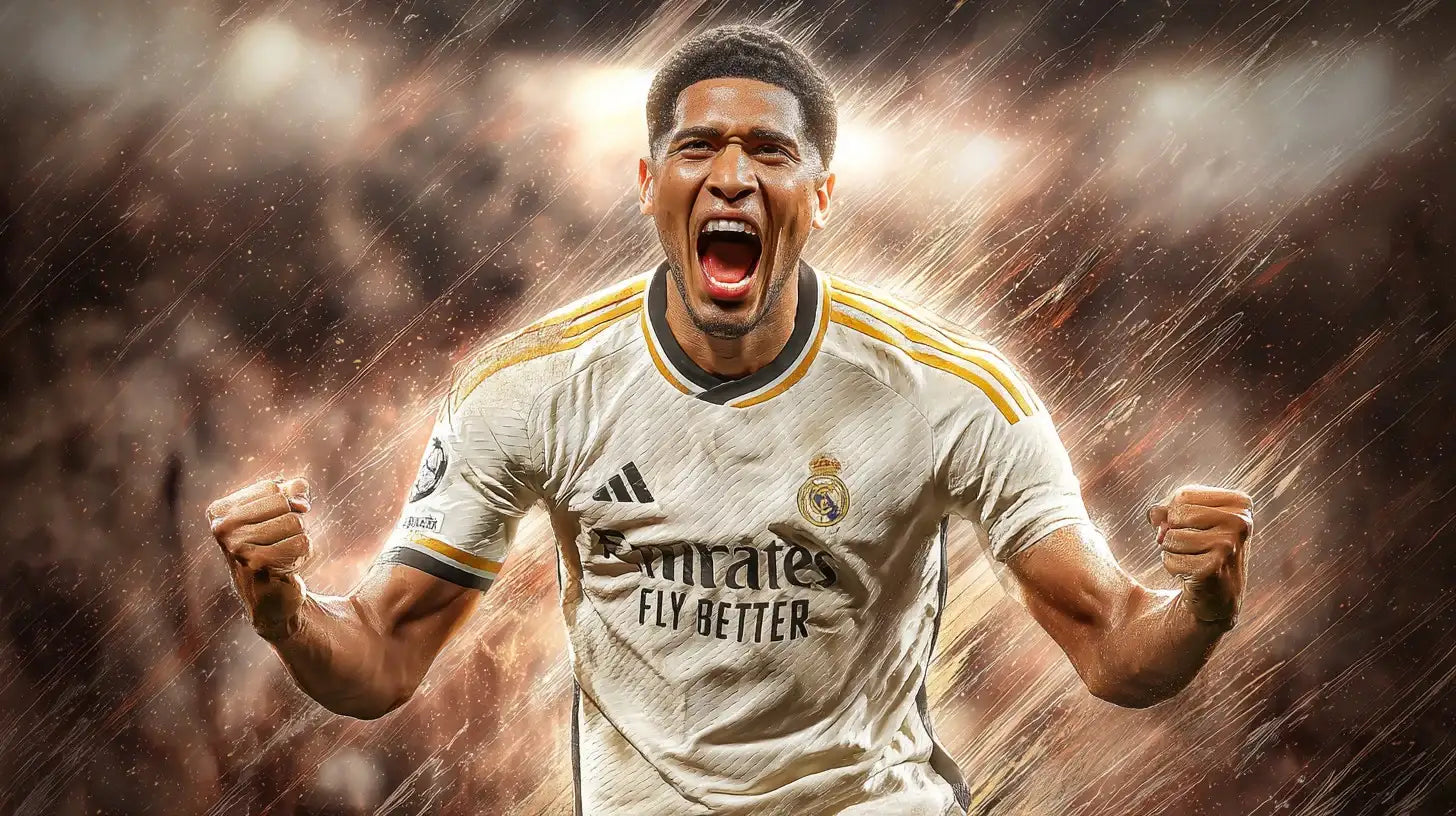 Jude Bellingham of Real Madrid, roaring celebration in white kit, clenched fists, golden particle backdrop, club crest visible.